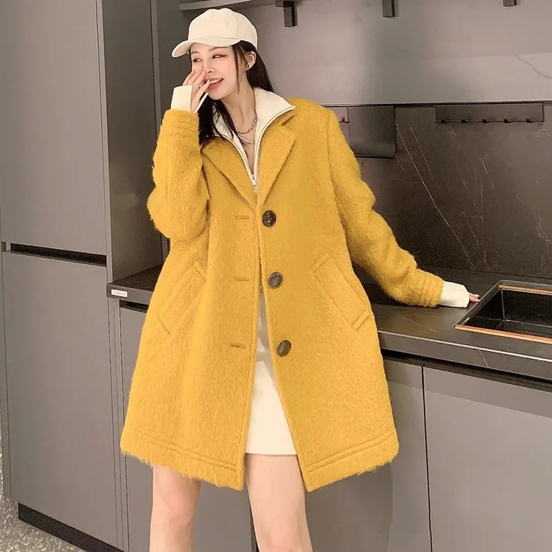 

Woolen Coat Women's Medium Length 2021 New Winter Dress Small Yellow Thickened Loose Suit Collar Woolen Coat