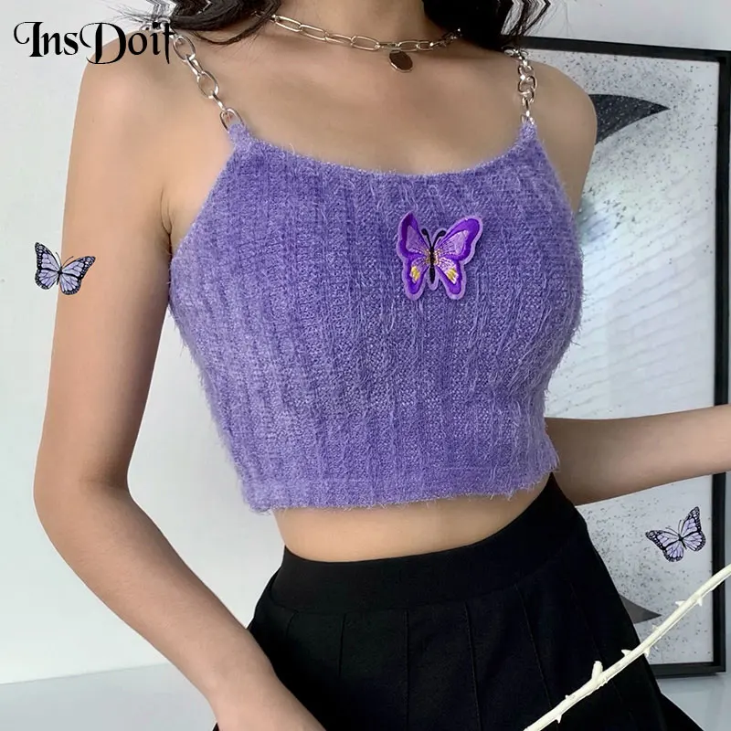 

InsDoit Gothic Punk Purple Basic Tank Tops Streetwear Harajuku Butterfly Embroidery Crop Tops Women Sexy Metal Chain Straps Tops