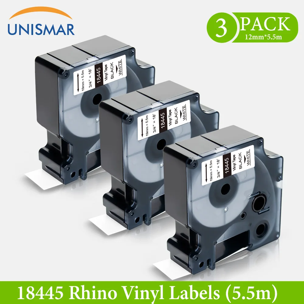 

Unismar 3PK Vinyl Label Tape 18445 White on Black 3/4" 19mm Printer Ribbon Compatible for Dymo Rhino 4200 5000 5200 6000 Maker