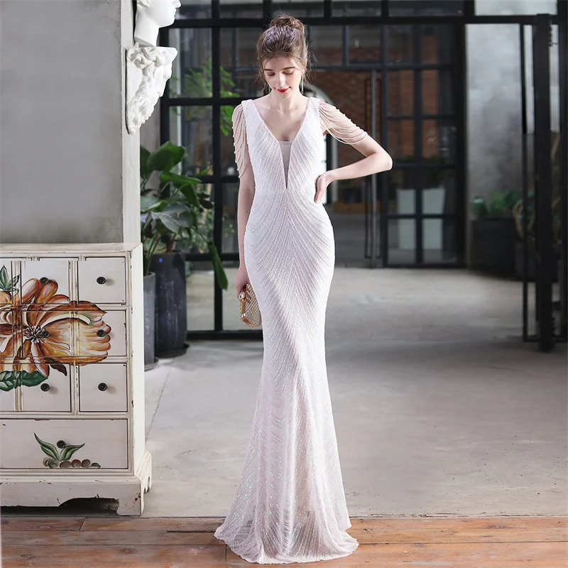 

Colorful Sequin Dress V Neck Mermaid White Dress Beading Straps Sleeves Fit Long Formal Party Dress Women Vestido