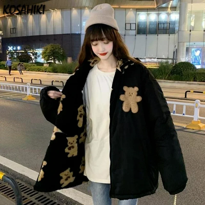 

KOSAHIKI 2021 Autumn Winter Two WearSweatshirts Little Bear Print Sweatshirts Loose Oversized Casual Cotton Fleece Zip Hoodie
