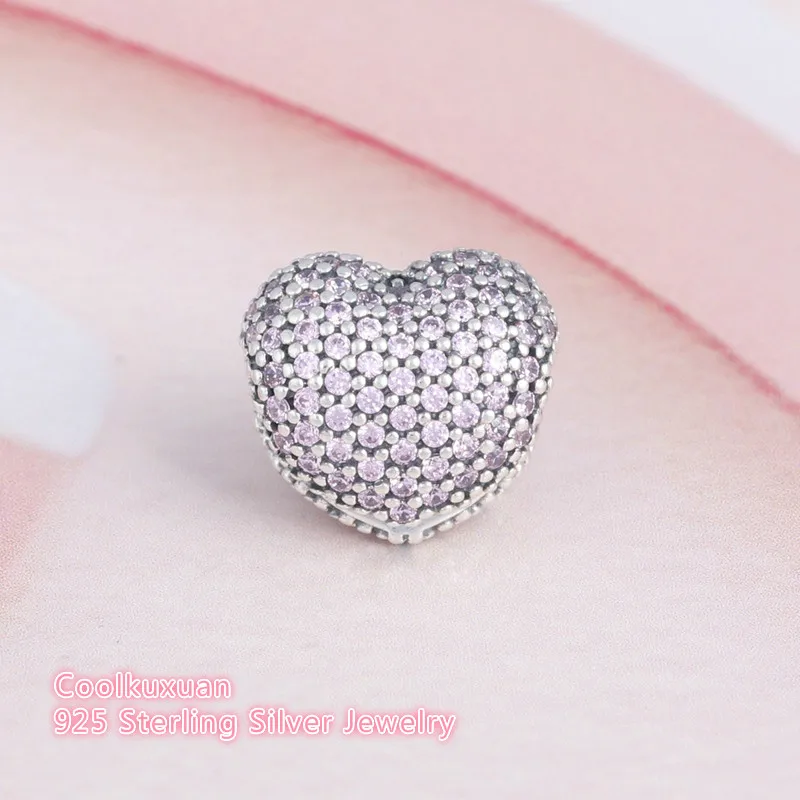 Розовый CZ Pave Open My Heart Clip Подвески Оригинальные 1005 925 Стерлингового Серебра Сердце