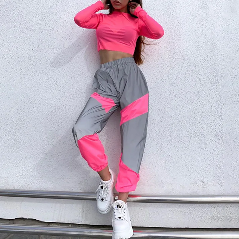 Светоотражающие спортивные брюки осень зима женские Jogger с высокой талией, из лоскутов спортивные брюки уличная праздничная одежда брюки