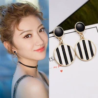 classic s925 silver needle round stud earrings for women vintage black white long earring fashion geometric jewelry