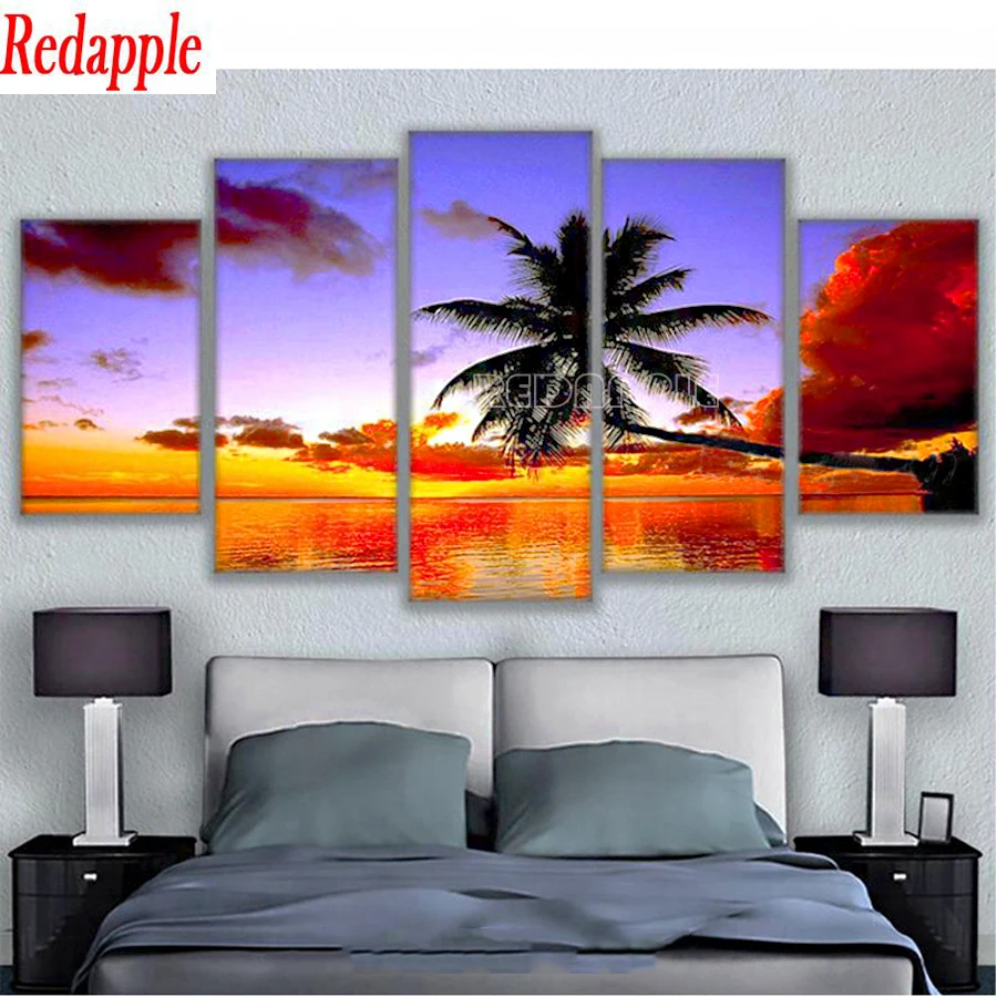 

FULL square round drill diamond painting 5 pcs Palm Trees sunset seascape Landscape 5d diamond mazayka embroidery crystal mosaic
