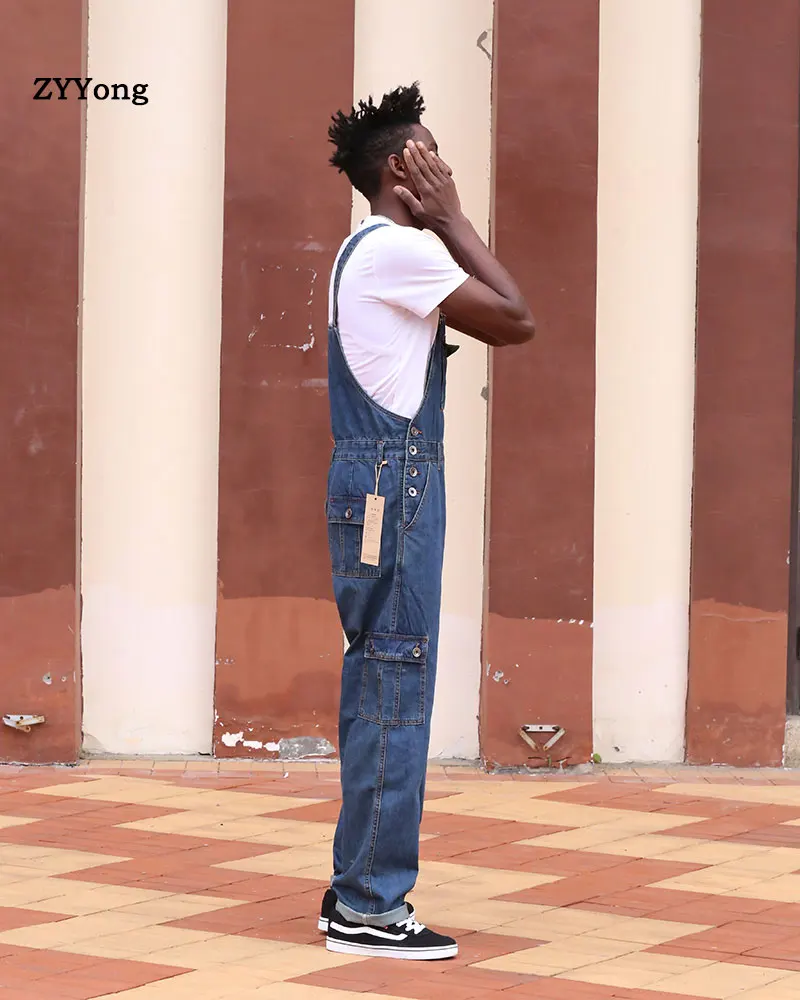 ZYYong European American tide brand hip-hop one-piece denim overalls men's Japanese retro loose pockets large size 30-46