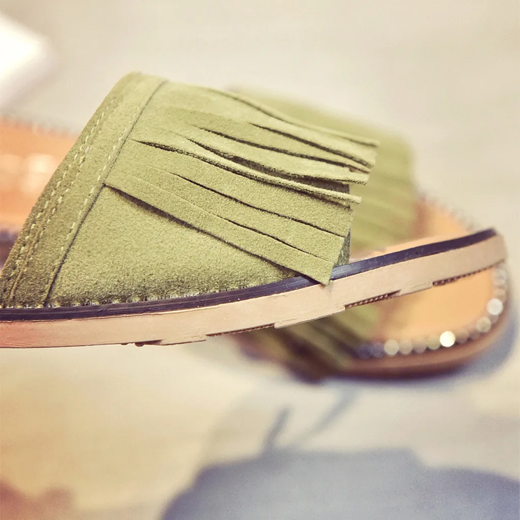 

Women Flat Non-slip Slippers Ladies Summer Indoor Slippers Fashion Tassel Low Heel Sandals Beach Shoes Rome Style Slippers