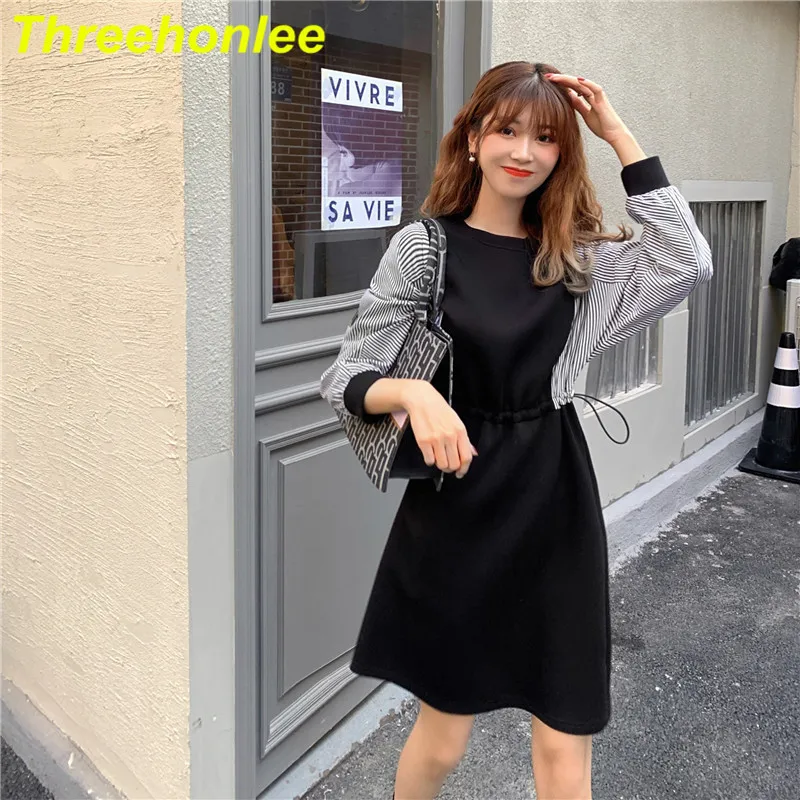 

Threehonlee 2021 Spring Summer Women's Casua Dress Cotton Blend Stripe Sleeve O-neck Drawstring Waist A-line Loose Black Dress