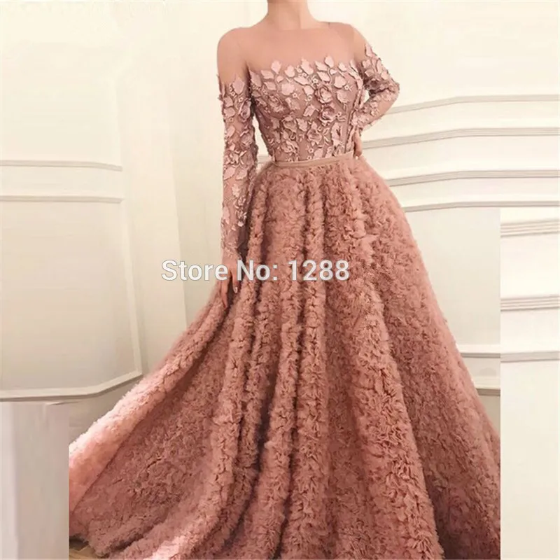 

Elegant Muslim Evening Dresses A-line Long Sleeves Tulle Ruffles Appliques Dubai Saudi Arabic Long Evening Gown Prom Dress
