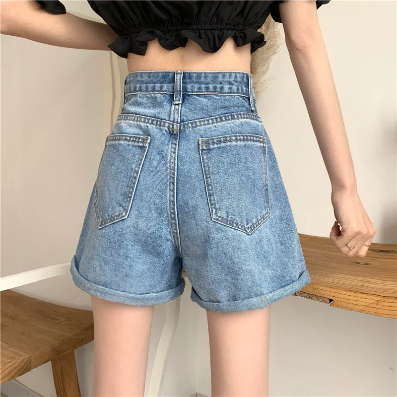 

Letter Print High Waist Shorts Women Simple Thin Loose Denim Shortss Woman Button Curled Solid Jeans Women'S Summer 2021