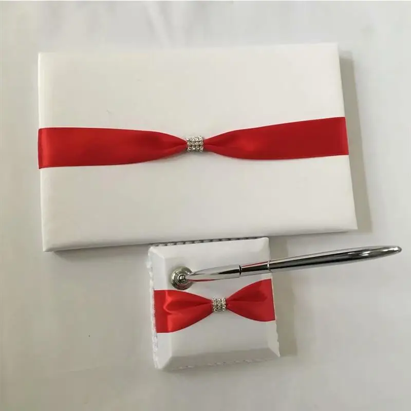 Bow Decor Guest Book Guestbook Classic White Ribbon Design with Sign Pen Hardbound In for Wedding 1Set | Дом и сад