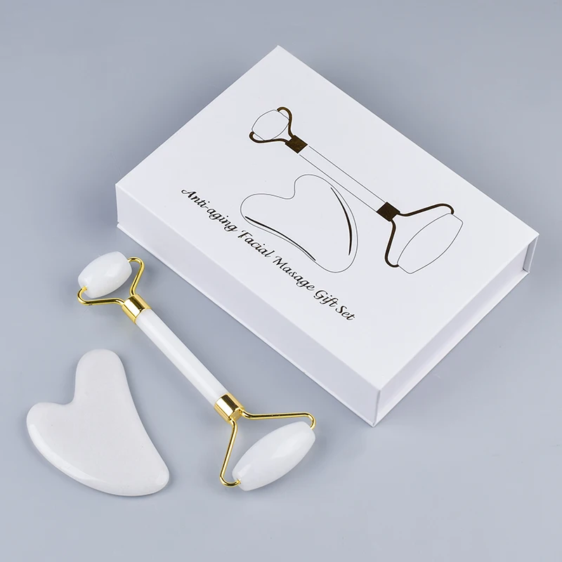 2 в 1 нефритовый ролик и массажер гуаша из натурального белого камня подарочной