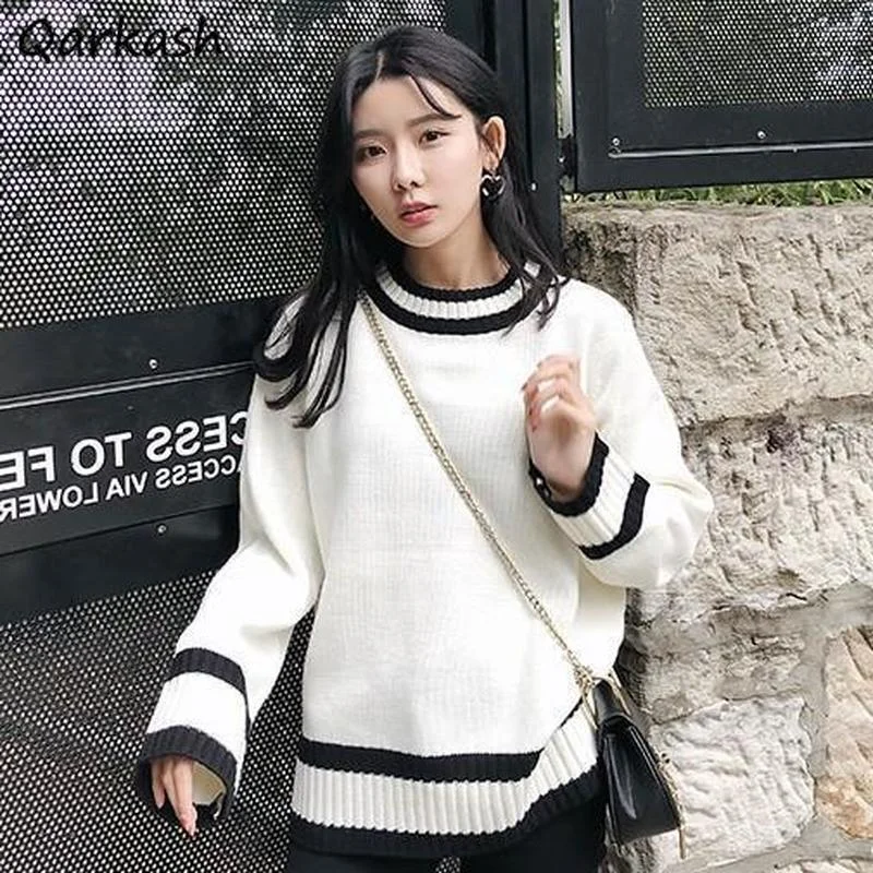 

Пуловеры для женщин, Простой корейский элегантный стиль, Свободный Полосатый милый свитер для девушек, Повседневная хипстерская женская зи...