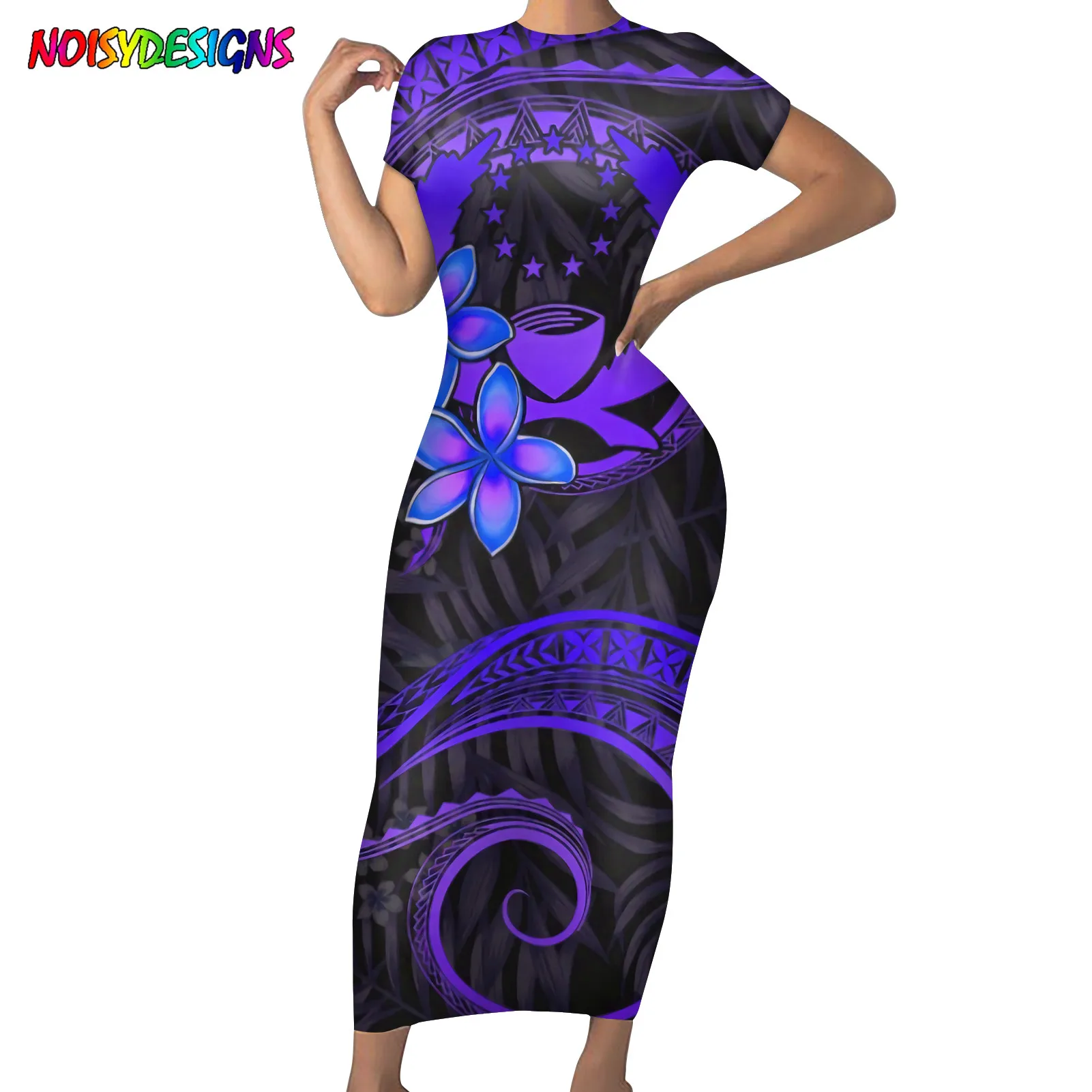 

NOISYDESIGNS Samoan Plumeria Polynesian Tribal Prints Dress Womens Short Sleeve Party Pencil Slim Dresses Vestidos Elegantes