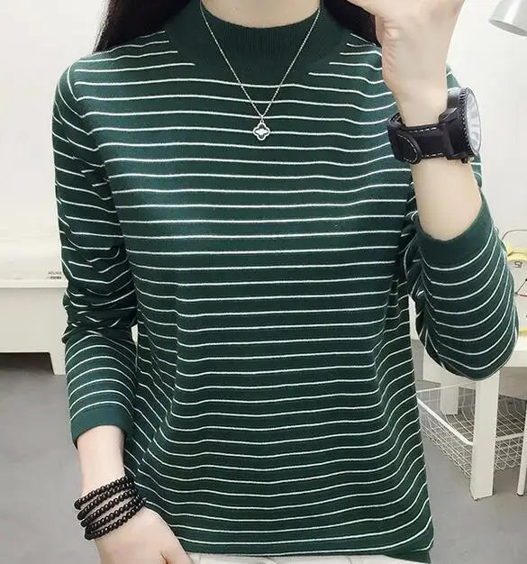 

New women's slim stretch striped round neck pullover sweater base tops