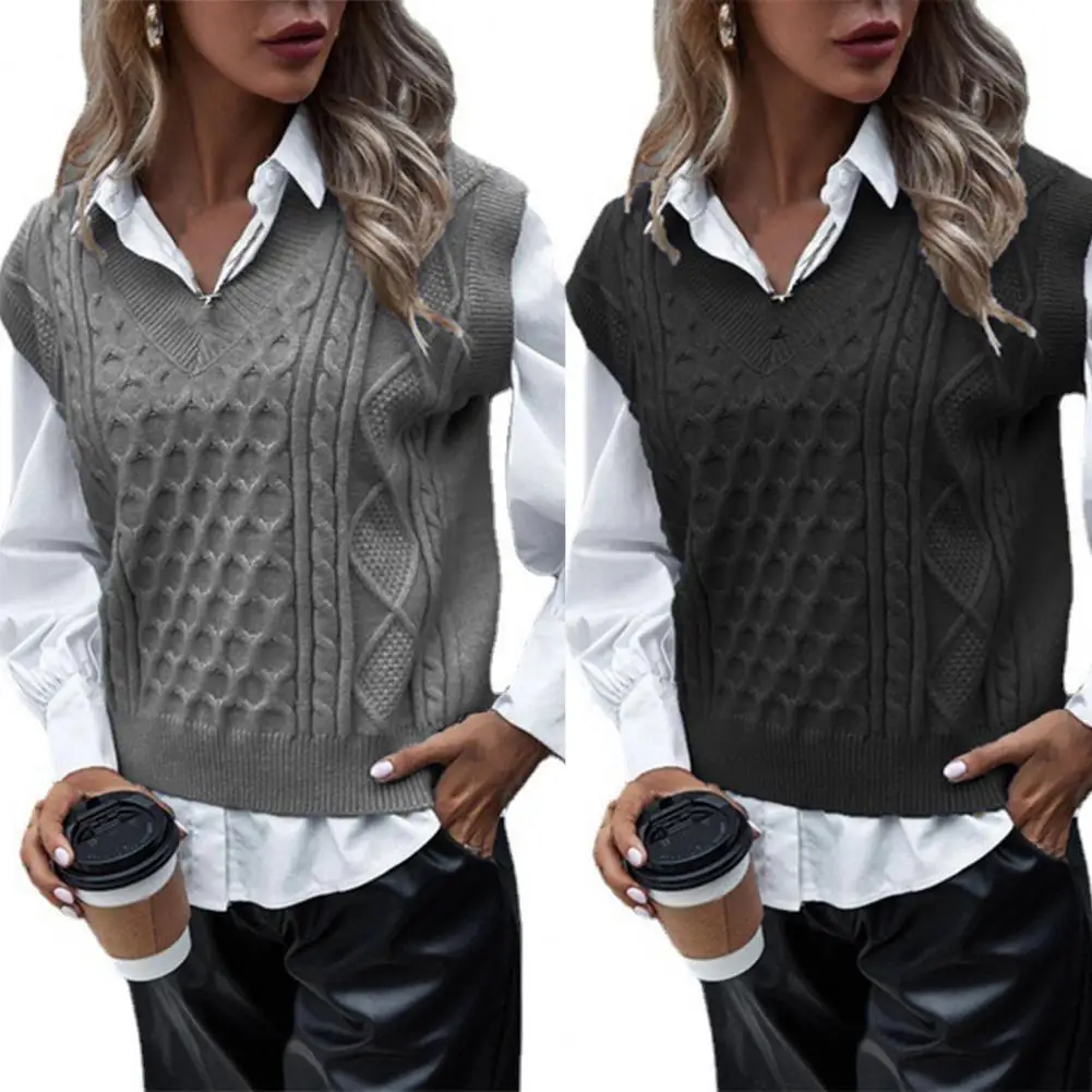 

Women Vest Solid Color V Neck Sleeveless Casual Sweater Vest Wear Resistant Lady Waistcoat