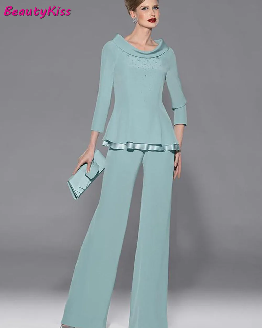 

Elegant Mint Mother Of Bride Dresses 2 Piece Pant Suits Long Sleeves Chiffon Formal Wear Wedding Party Guest Dress Evening Gowns
