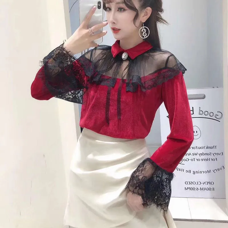 Весенне-осенняя Женская Вельветовая блузка с длинным рукавом и бантом кружевная