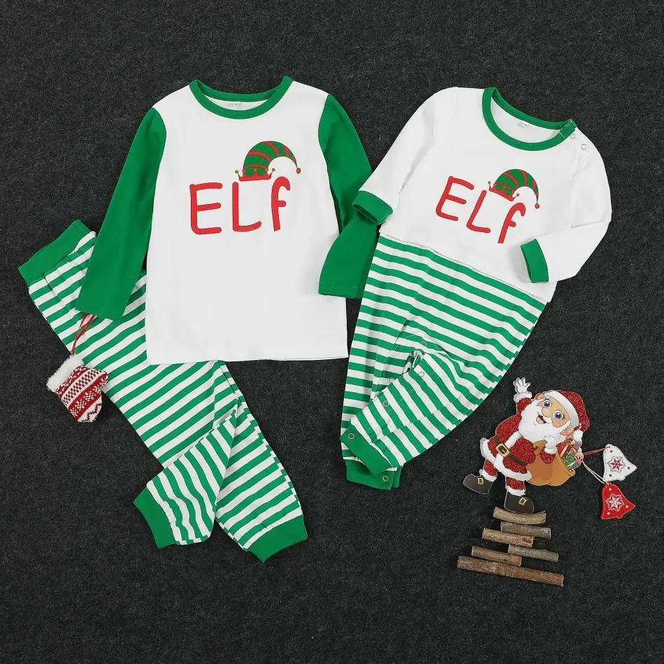 Two Pieces Family Couple Wear Home Service Pajamas Set Christmas Letter Print Striped Parent-child T-shirt Elastic Waist Pants L