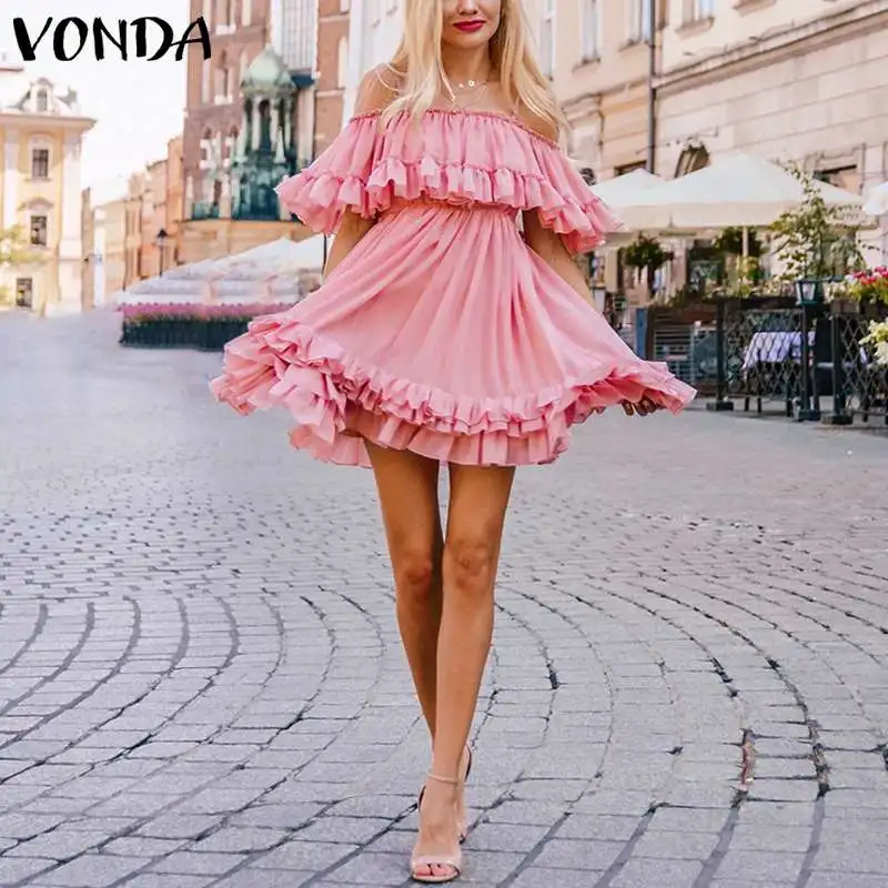VONDA с открытыми плечами вечерние платье для женщин летние платья оборками