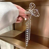 elegant luxury butterfly pearl rhinestone tassel earrings for women 2021 korean fashion temperament ear hanging earrings jewelry