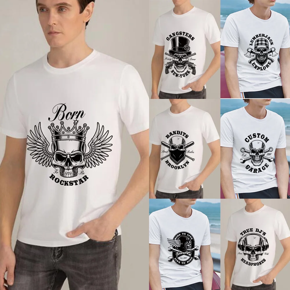 

Men's T-shirt White Wild Fashion Gothic Skull Pattern Series Short Sleeve Top Harajuku Street Printed Men's T-shirt Slim Clothes