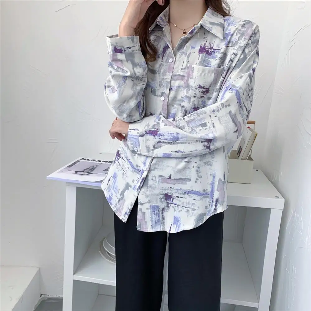 Женская шифоновая блузка с принтом чернил Офисная элегантная рубашка на