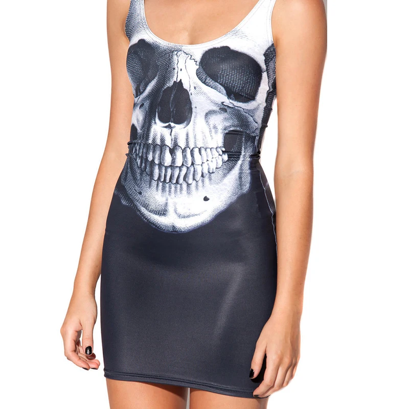

Free Shipping New Fashion Casual Women Skull Printed Tropical Dress Sleeveless Sexy Skinny Roupas Femininas Vestido Festa Office