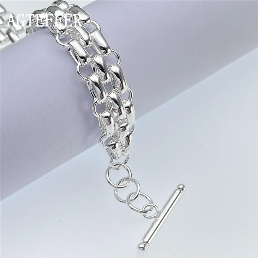 

AGTEFFER 925 Sterling Silver TO Buckle Three Horizontal Row Bracelet Lady Glamour Wedding Engagement Fashion Party Jewelry Gifts