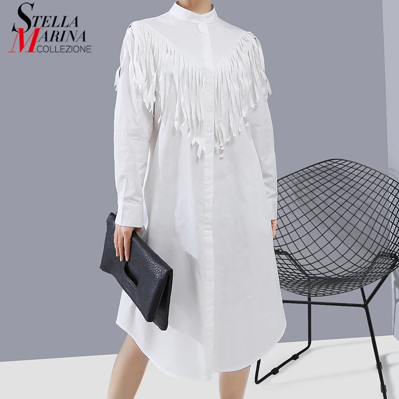 Новый Для женщин однотонные белые 2019 корейский стиль рубашка платье с поясом и