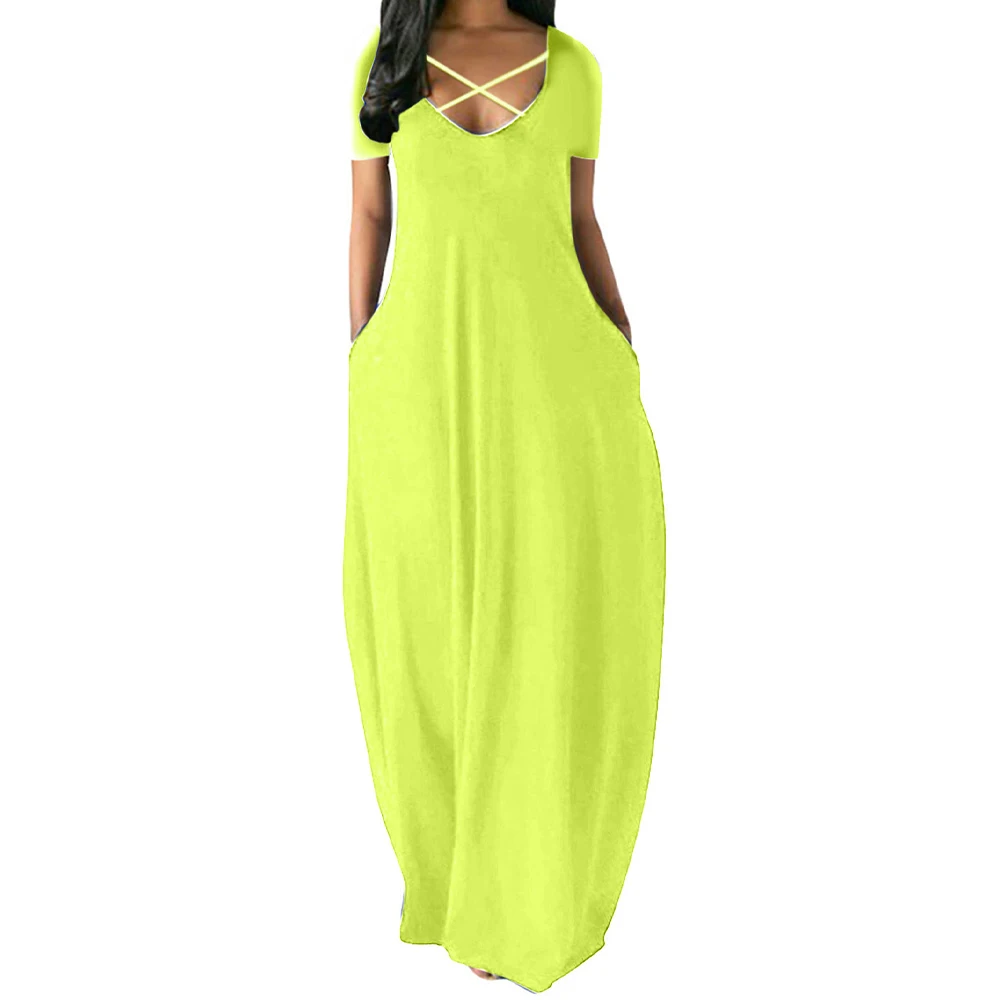 

2021 Femle Clohting Sexy Womens Solid Color Scoop Neck Short Sleeve Maxi Casual Fashion Baggy Summer Long Dress