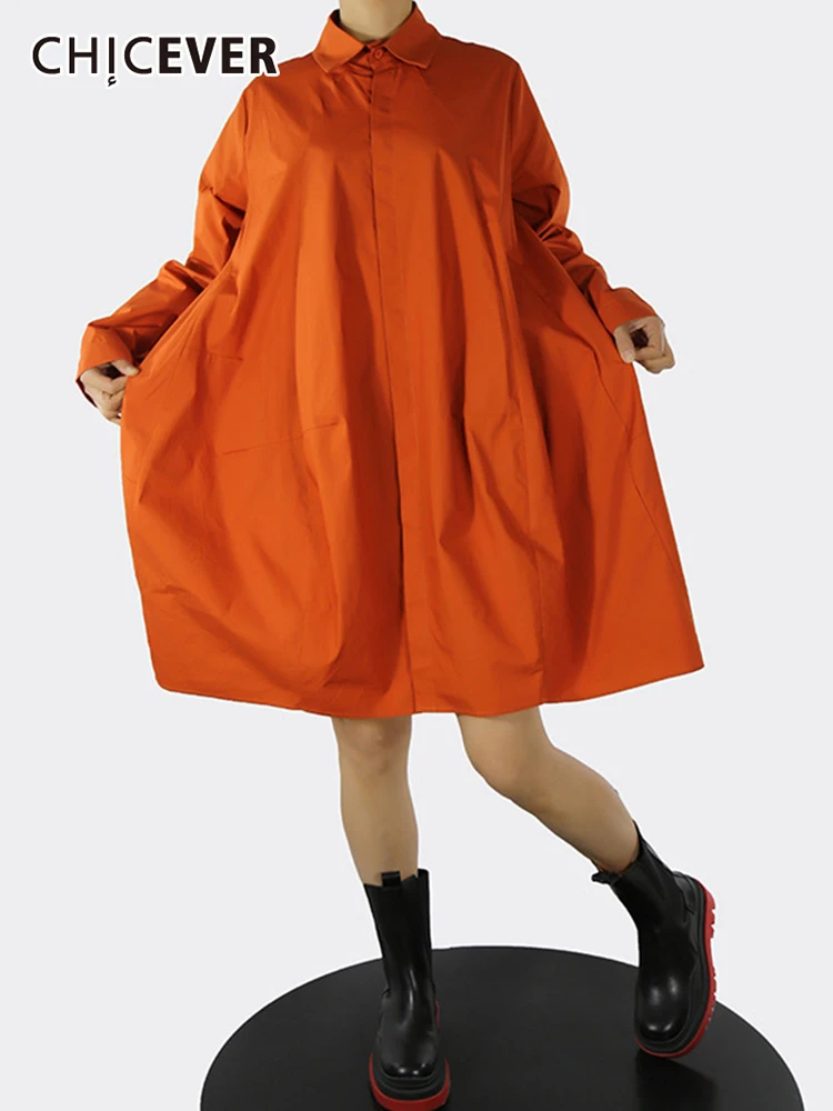 Женское платье средней длины CHICEVER оранжевое свободное прямое с отложным