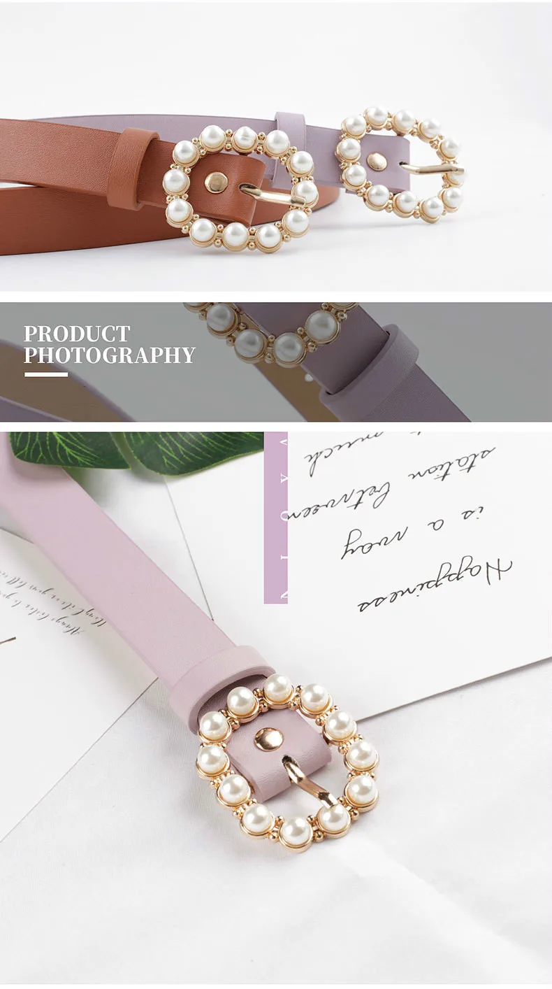 Fashion Pearl Decorative Belt Ladies Belt Round Pin Buckle Pearl Belts Women's Casual Solid PU Leather Thin Belt