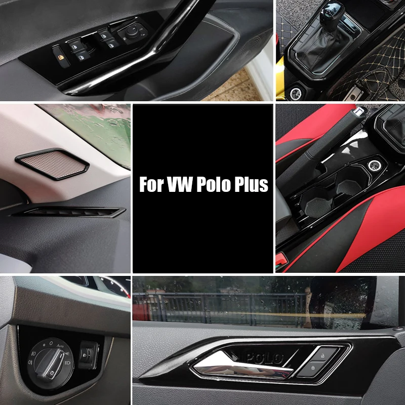 

Piano black Full Set of Interior Shift Table Air Outlet Door Handle Reading Lamp Armrest Panel Trim Strip For VW Polo Plus 2019