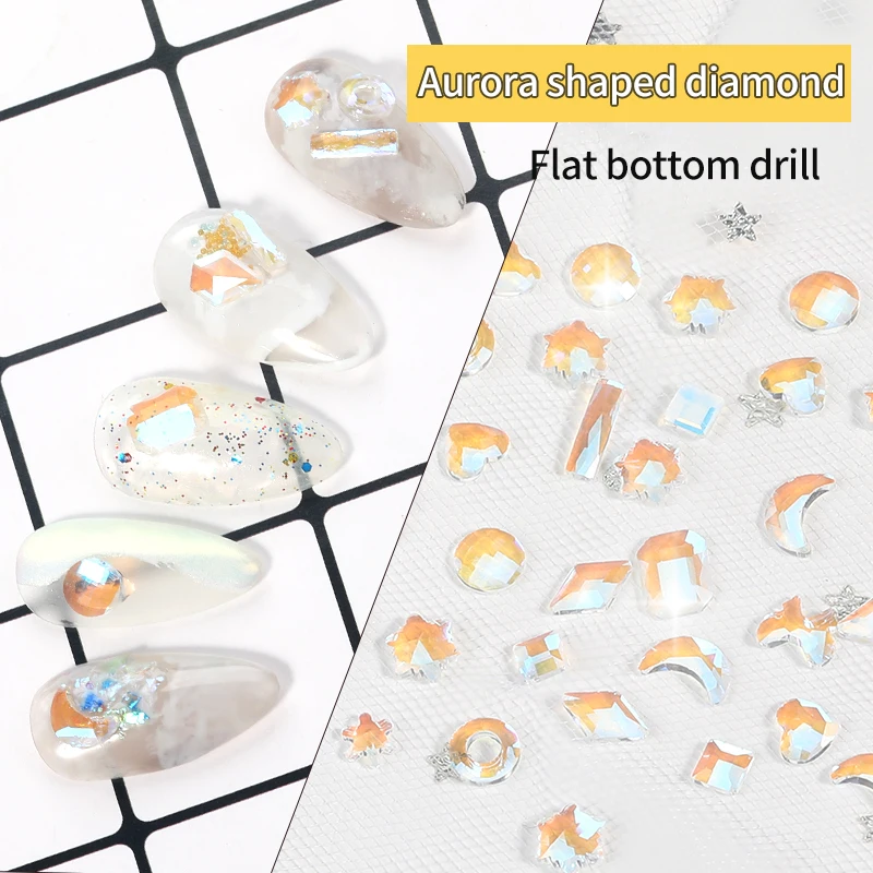 

10PCS Japanese New Style Flat Bottom Diamond Aurora Half Moon Shape Love Glass Diamond 3D Manicure Nail Art Decoration Jewelry