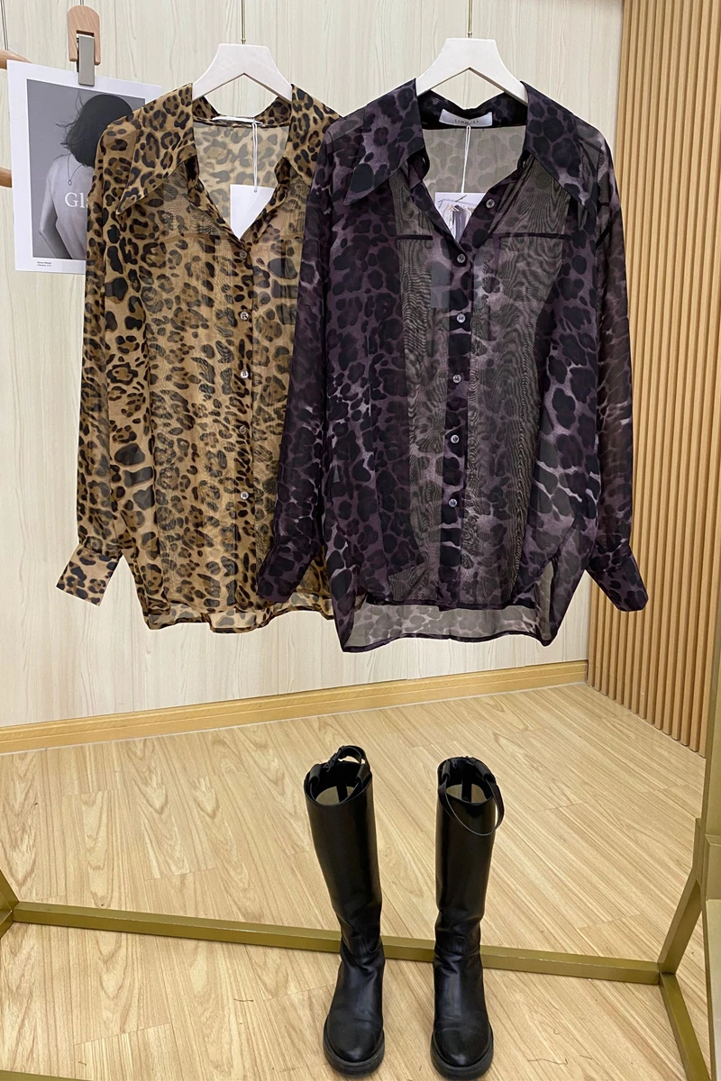 

Leopard Print Chiffon Shirt Women 2021 Summer New Korean See-through Long Sleeve Plus Size Blouse Female Tops Camisa De Mujer