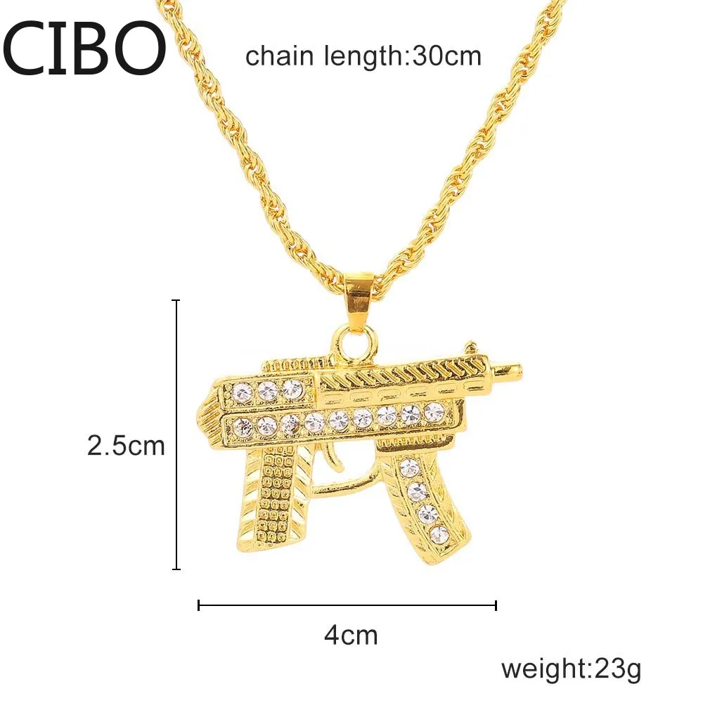 2019 Новая Подвеска оружия AK47 Revolver Uzi для женщин и мужчин Хип-хоп ювелирных изделий Стимпанк Ринестоны Золотая длинная цепочка ожерелья.