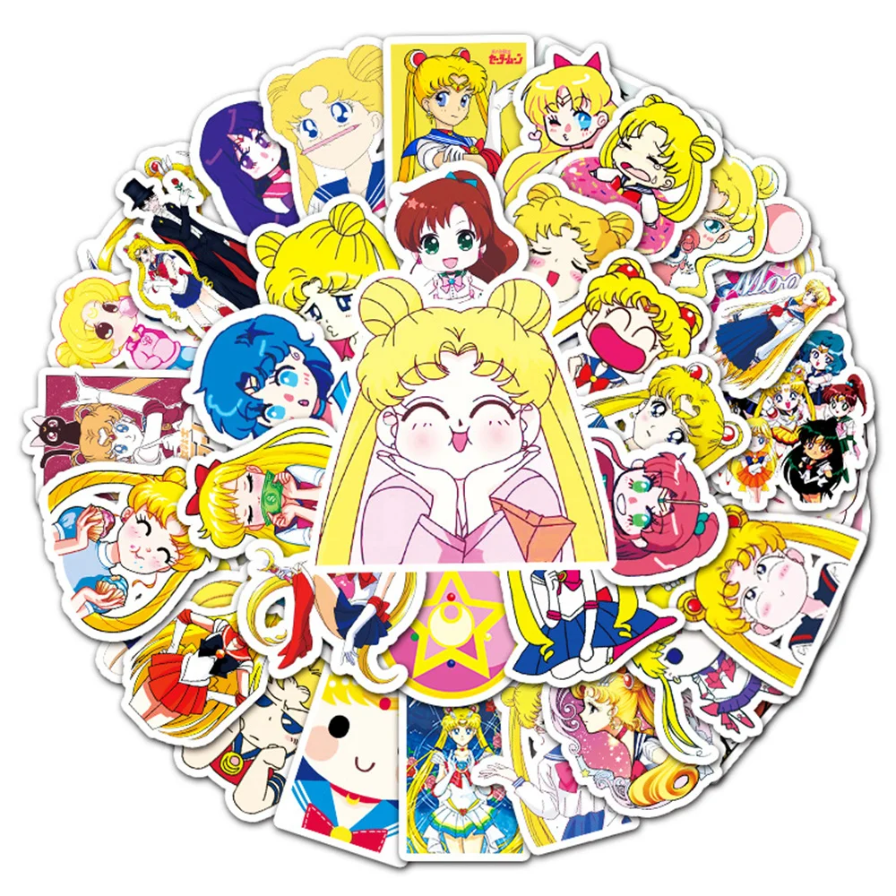 Moon Sailor Moon-garabatos para port&aacute;til, guitarra, motocicleta, equipaje, Skateboard, bicicleta, pegatina impermeable, venta al por mayor, 10/30/50 Uds.-0