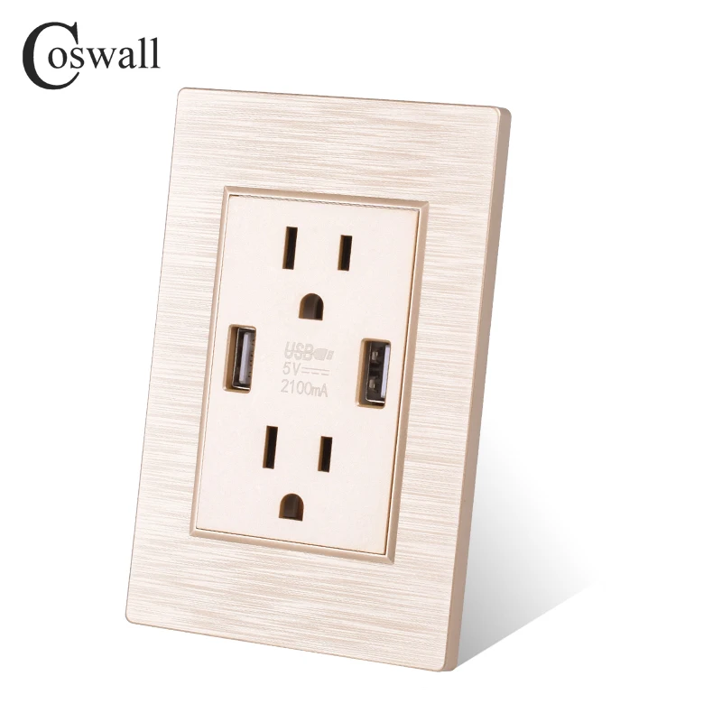 COSWALL US Standard 15A Double Socket With Dual USB Charging Port 2100mA Max. Output White Black Gold Silver AC 110V | Обустройство