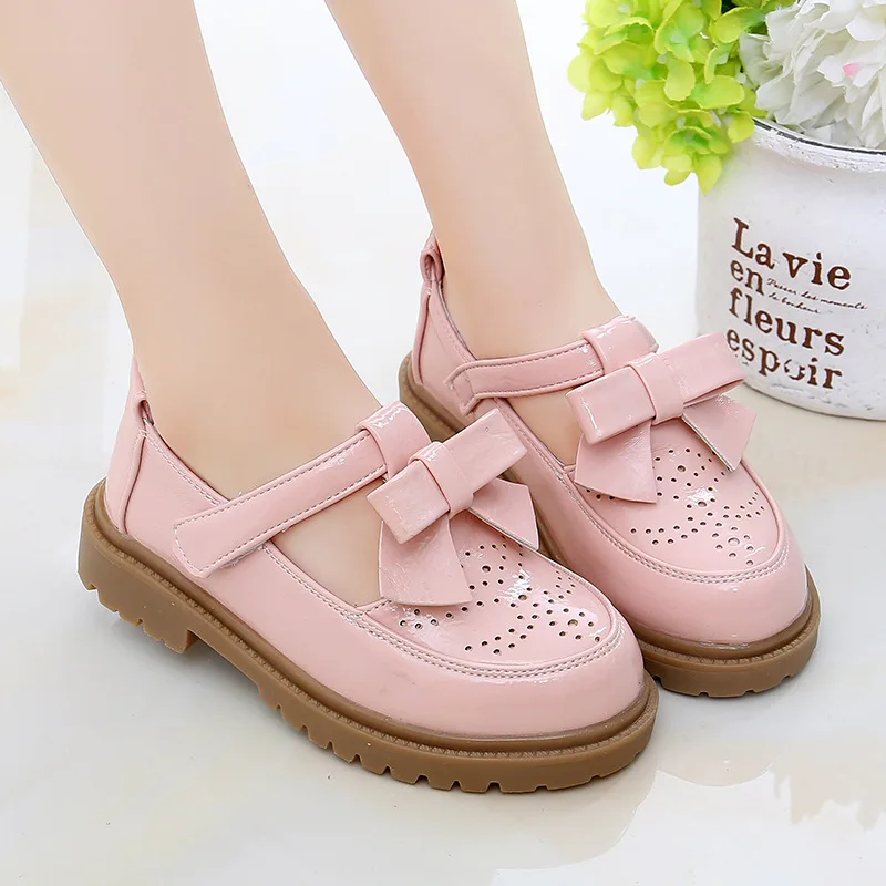 Patent Leather Children's Shoes Student Girls Princess Shoes 2021 New Soft Sole Hollow Breathable Little Girl Shoes Black Pink