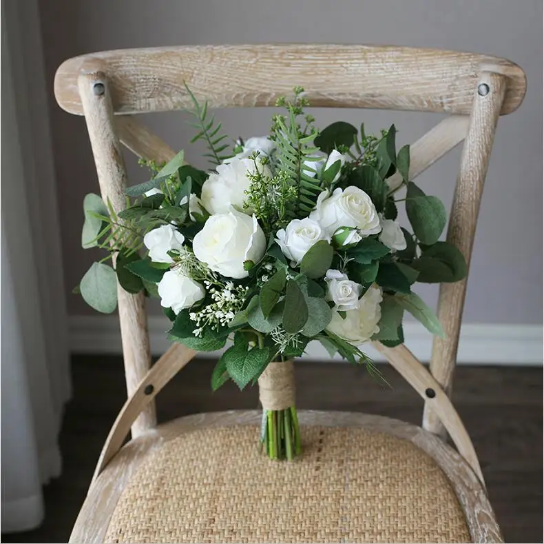Белый JaneVini винтажный белый зеленый Свадебный Шелковый букет Bloemen broiloft Aftificial Свадебные цветы Бохо букет цветов невесты - Цвет: Белый