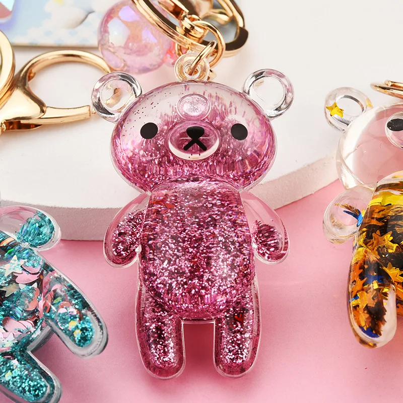

2021 new Korean Quicksand Sequins Oiled Bear Keychain Liquid Acrylic Creative Animal Keyring Car Bag Pendant Keyfob Jewelry Gift