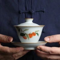 persimmon ruyi gaiwan sancai bowl eight treasure tea three piece set large retro furniture tea set personality ru kiln