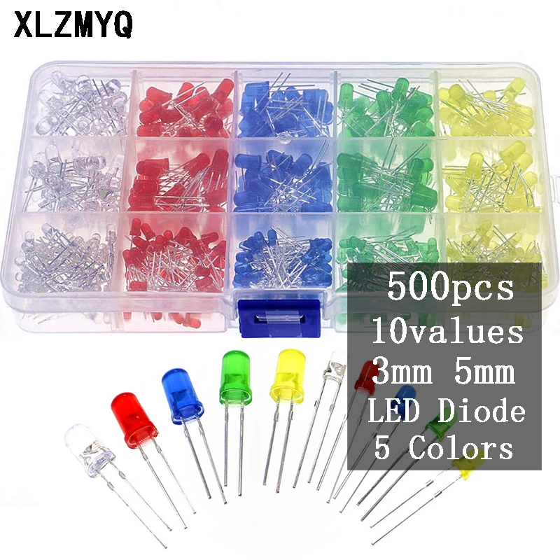 

500pcs 3mm 5mm LED Diode Light Assorted Kit DIY LED set White Yellow Red Green Blue F3 F5 Light Emitting Diodes Pack