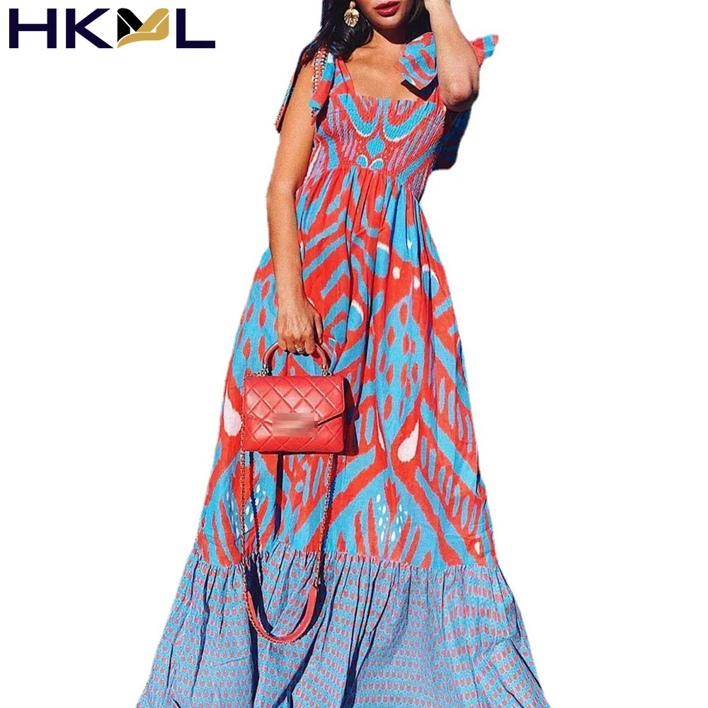 

Women Dress Printing Lace High Waist Europe America Fashion Temperament Swing Bow Sleeveless Sling Dress