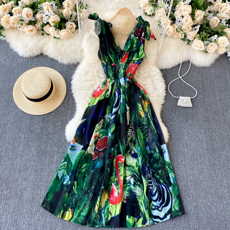 

Elegant Women's Runway Designer V Neck Sleeveless Elastic Waist Long Maxi Bohemian Dress for Summer Vintage Casual Holiday Robe