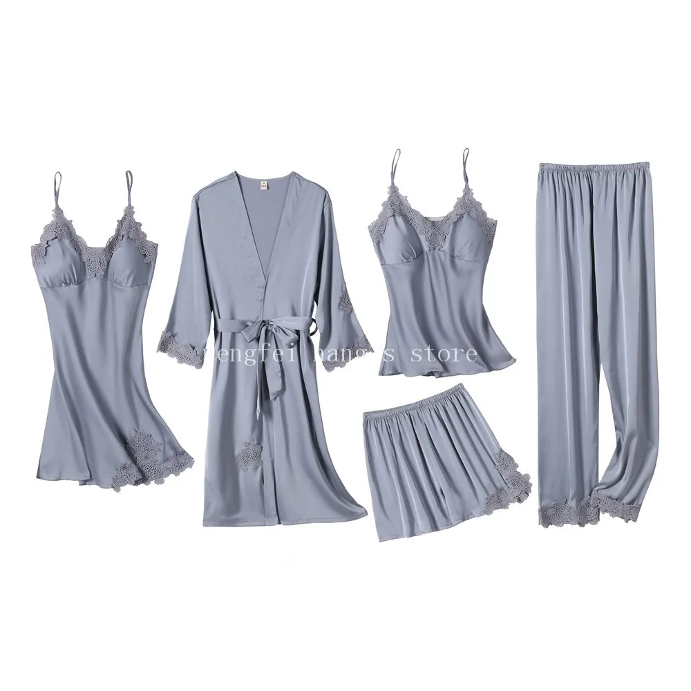 

Для женщин серый пижамный комплект с кружевной отделкой 5 вещи в комплекте, одежда для сна, пижама из искусственного шелка, кимоно платье Пов...