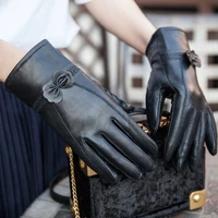 womens leather gloves 2021 new autumn and winter warmth and velvet ladies leather gloves thin section solid color long gloves