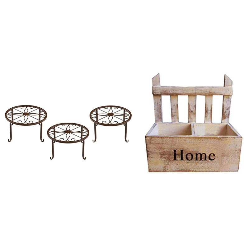 

Potted Plant Stand, [3 Packs] Indoor Iron Flower Pot Stand With Wall Hanging Wooden Flower Basket Cute Vase Pots