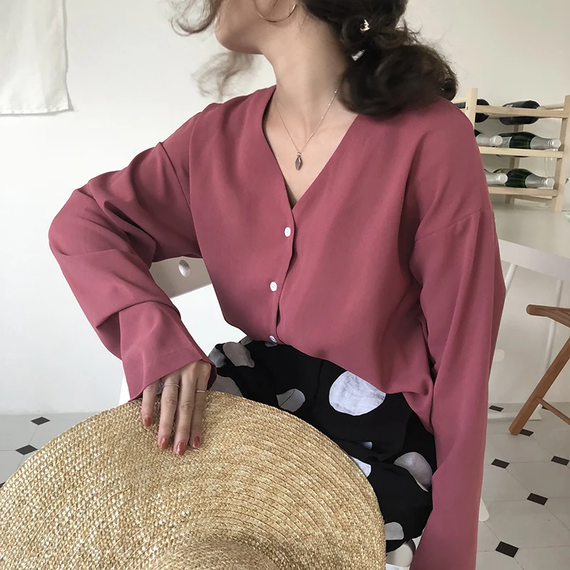 

Mazefeng New 2020 Spring Summer Women's Blouse V-Neck Single-breasted Solid Elegant Casual Ladies Wild Long Sleeve Tops